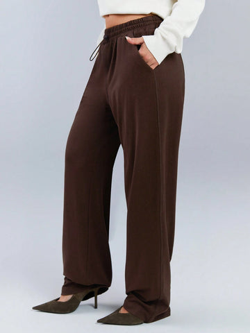 Athîral Women's Solid Color Elastic Waist Pocket Casual Pants