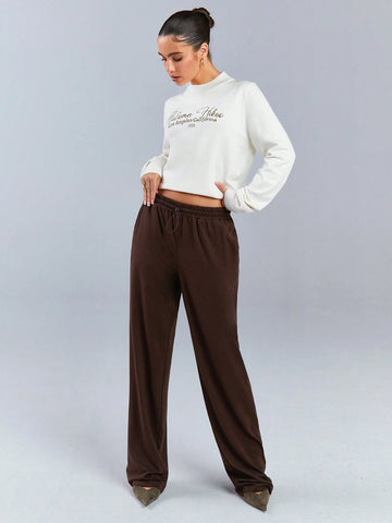 Athîral Women's Solid Color Elastic Waist Pocket Casual Pants