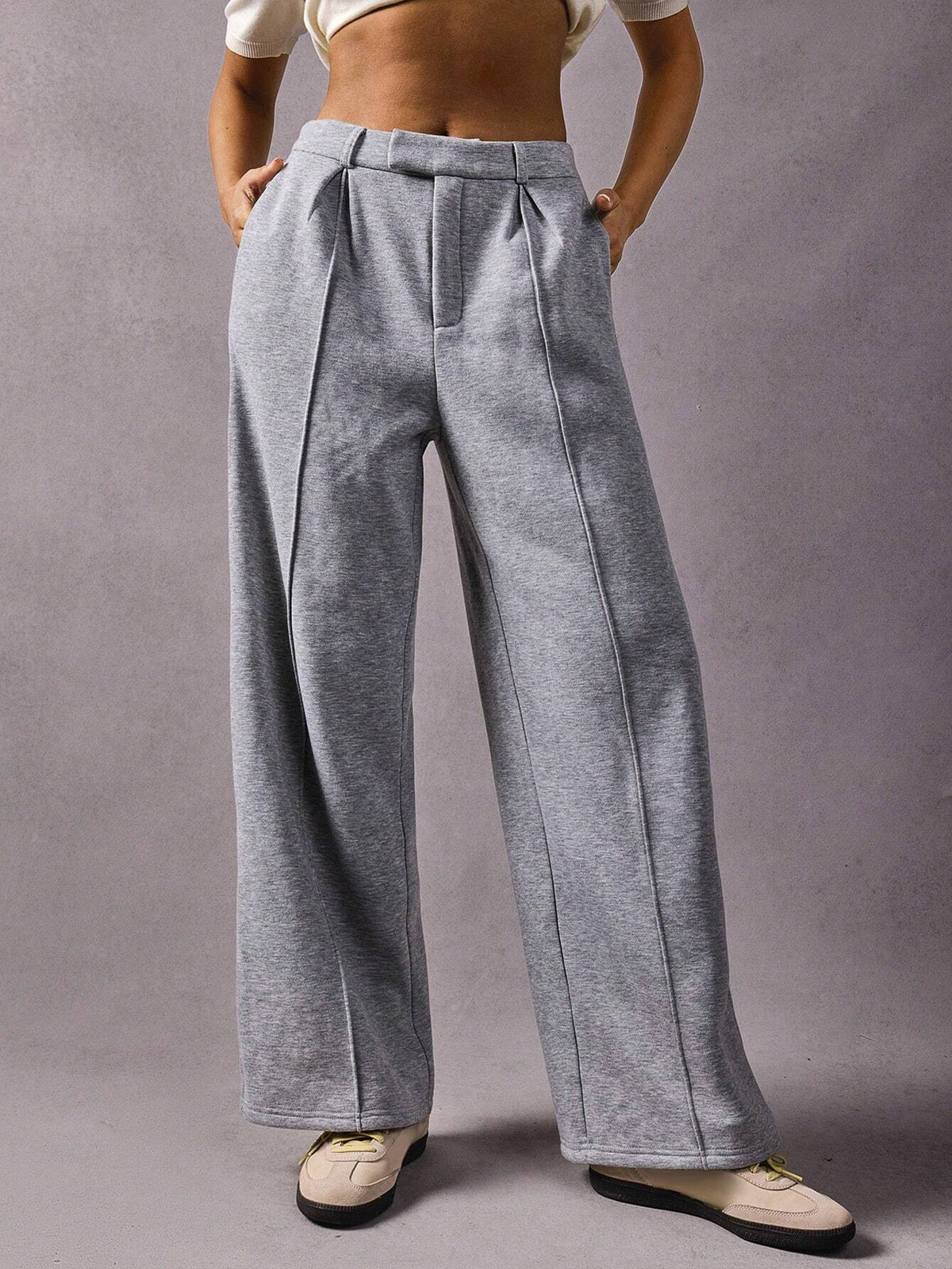 Athîral Women's Solid Color Stick Design Pocket Loose Straight Casual Sweatpants