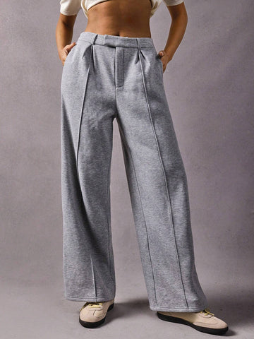 Athîral Women's Solid Color Stick Design Pocket Loose Straight Casual Sweatpants