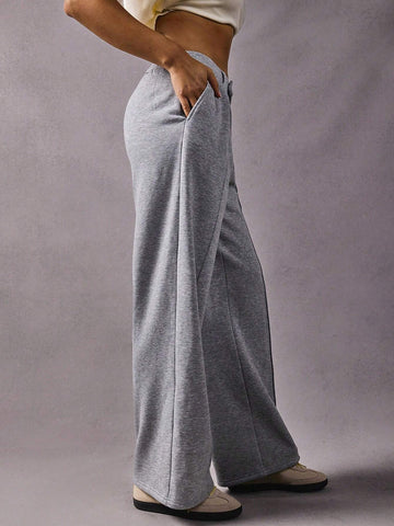 Athîral Women's Solid Color Stick Design Pocket Loose Straight Casual Sweatpants