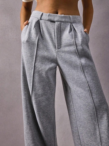 Athîral Women's Solid Color Stick Design Pocket Loose Straight Casual Sweatpants