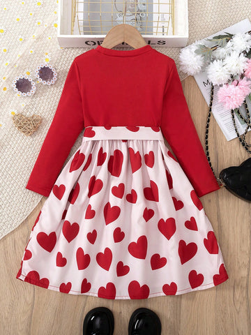 Autumn/Winter Girls' Fashionable Casual Long Sleeve Flare Sleeve Belted Heart Decor Mini Dress