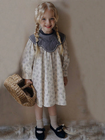 Autumn/Winter Girls' Vintage Embroidered Floral Collar Ditsy Floral Dress