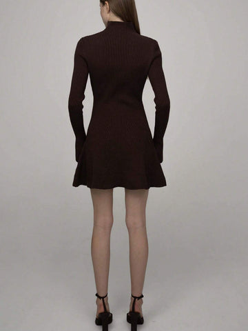 Autumn/Winter High Collar Solid Sweater Top And High Waist A-Line Short Knit Dress For Women