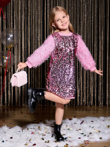 Autumn/Winter Ombre Sequin Mesh Puff Sleeve Midi Length Dress, Mommy And Me Matching Outfits (2 Pieces Sold Separately)