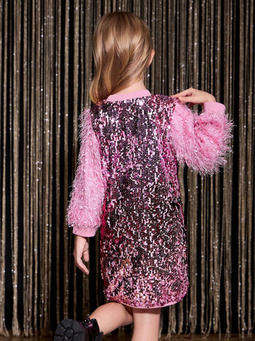 Autumn/Winter Ombre Sequin Mesh Puff Sleeve Midi Length Dress, Mommy And Me Matching Outfits (2 Pieces Sold Separately)