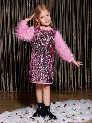 Autumn/Winter Ombre Sequin Mesh Puff Sleeve Midi Length Dress, Mommy And Me Matching Outfits (2 Pieces Sold Separately)