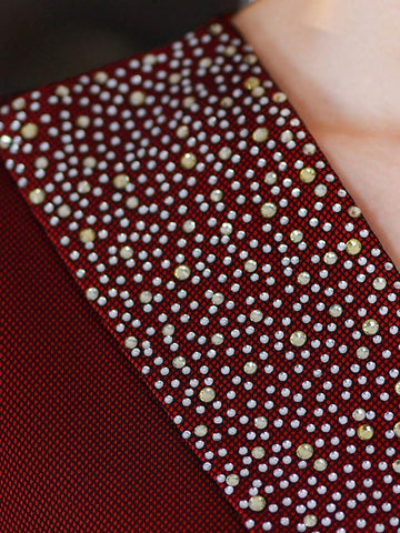 Autumn/Winter Rhinestone V-Neck Party Dress, Mid-Calf Length Burgundy Gown With 3/4 Sleeves, Front Slit, Back Zipper, Suitable For Weddings, Parties, Women's Formal/Evening Wear/Occasions/Engagement/Ceremony