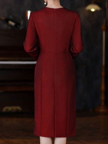 Autumn/Winter Rhinestone V-Neck Party Dress, Mid-Calf Length Burgundy Gown With 3/4 Sleeves, Front Slit, Back Zipper, Suitable For Weddings, Parties, Women's Formal/Evening Wear/Occasions/Engagement/Ceremony