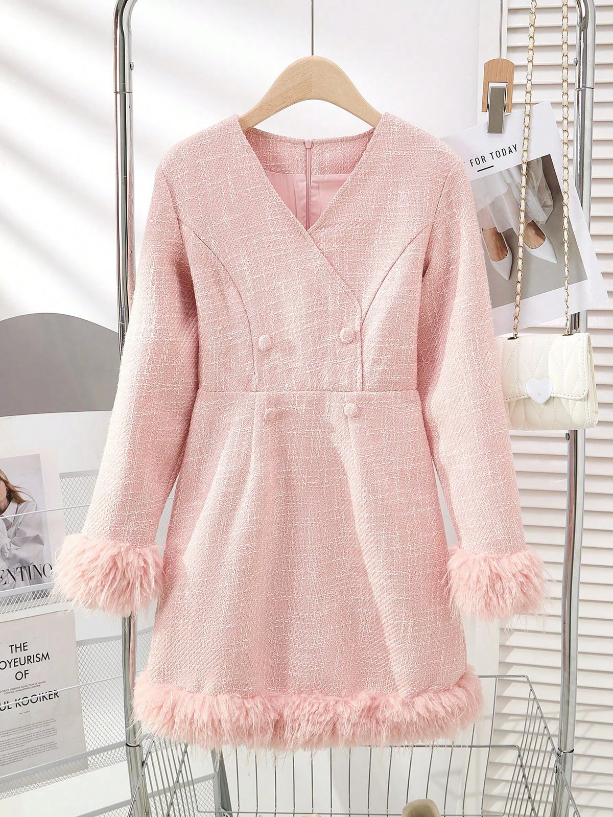 Autumn/Winter V-Neck Long Sleeve Faux Fur Hemline Knitting Fabric Women Dress, Mommy And Me Matching Outfits (2 Pieces Are Sold Separately)