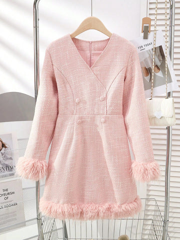 Autumn/Winter V-Neck Long Sleeve Faux Fur Hemline Knitting Fabric Women Dress, Mommy And Me Matching Outfits (2 Pieces Are Sold Separately)