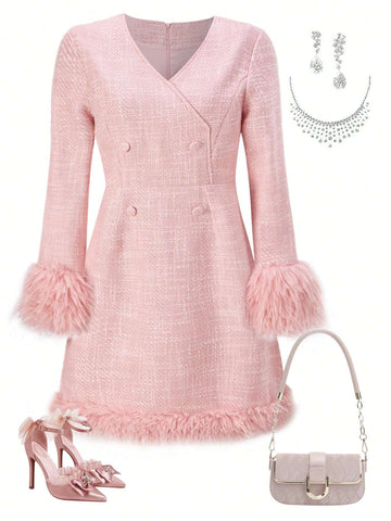 Autumn/Winter V-Neck Long Sleeve Faux Fur Hemline Knitting Fabric Women Dress, Mommy And Me Matching Outfits (2 Pieces Are Sold Separately)