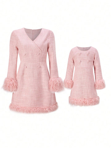 Autumn/Winter V-Neck Long Sleeve Faux Fur Hemline Knitting Fabric Women Dress, Mommy And Me Matching Outfits (2 Pieces Are Sold Separately)
