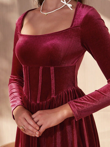 Autumn/Winter Velvet Romantic Red Mini Dress, Square Collar Slim Fit A-Line Skirt