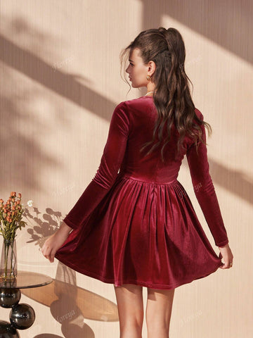 Autumn/Winter Velvet Romantic Red Mini Dress, Square Collar Slim Fit A-Line Skirt