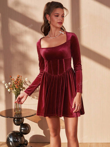 Autumn/Winter Velvet Romantic Red Mini Dress, Square Collar Slim Fit A-Line Skirt