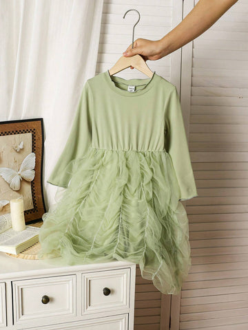 Autumn/Winter Young Girl Dress, Elegant Princess Contrast Lace Style, Soft Tulle, Mint Green & Seasonal Tones, Comfortable & Charming