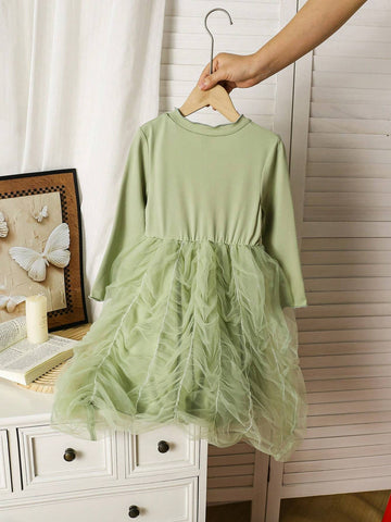 Autumn/Winter Young Girl Dress, Elegant Princess Contrast Lace Style, Soft Tulle, Mint Green & Seasonal Tones, Comfortable & Charming