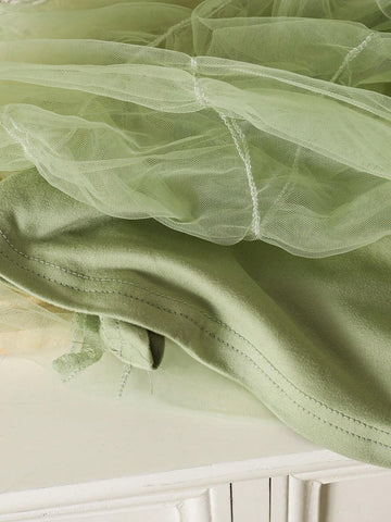 Autumn/Winter Young Girl Dress, Elegant Princess Contrast Lace Style, Soft Tulle, Mint Green & Seasonal Tones, Comfortable & Charming