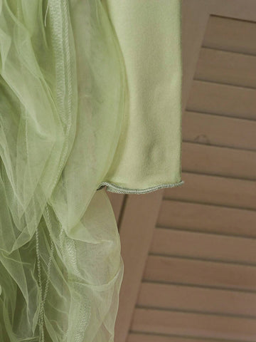 Autumn/Winter Young Girl Dress, Elegant Princess Contrast Lace Style, Soft Tulle, Mint Green & Seasonal Tones, Comfortable & Charming
