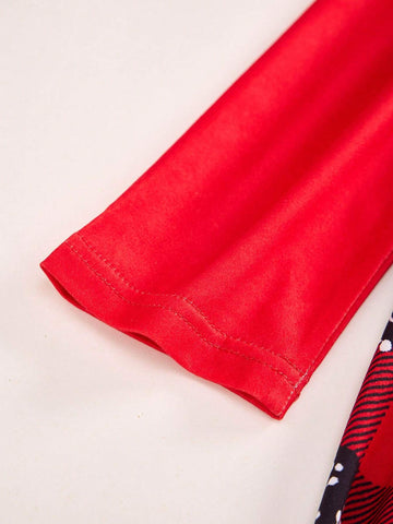Autumn/Winter Young Girls Knitted Christmas Snowflake Digital Print Plaid Pattern Round Neck Tie-Up Waist Low Waist Small Elastic Waist Patchwork A-Line Hem Ruched Cuff Long Sleeve Dress
