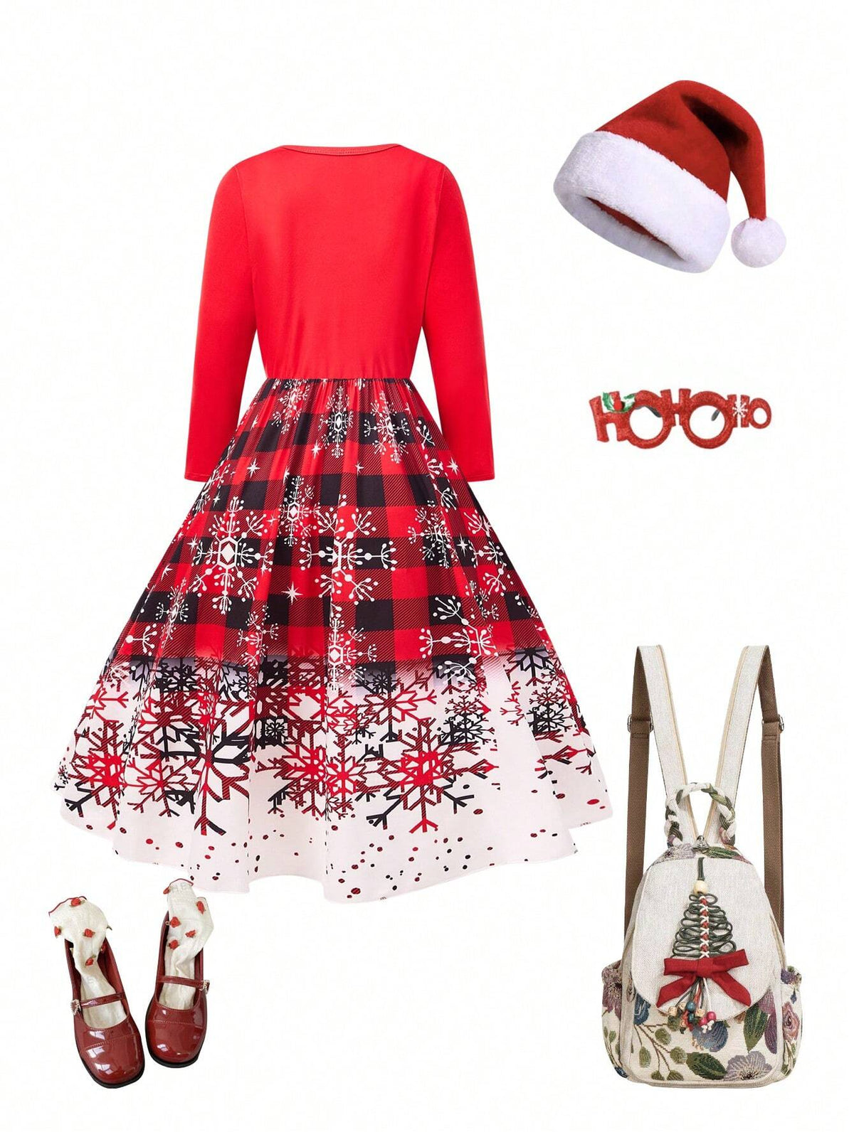 Autumn/Winter Young Girls Knitted Christmas Snowflake Digital Print Plaid Pattern Round Neck Tie-Up Waist Low Waist Small Elastic Waist Patchwork A-Line Hem Ruched Cuff Long Sleeve Dress