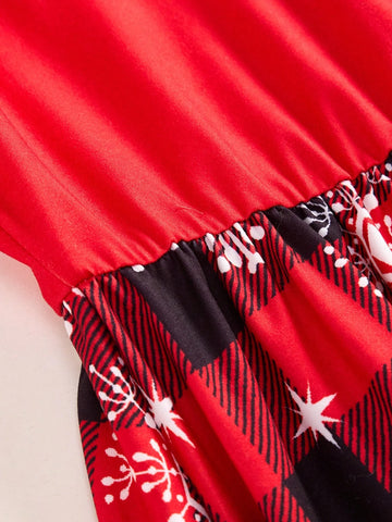 Autumn/Winter Young Girls Knitted Christmas Snowflake Digital Print Plaid Pattern Round Neck Tie-Up Waist Low Waist Small Elastic Waist Patchwork A-Line Hem Ruched Cuff Long Sleeve Dress