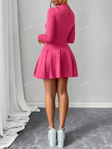 Autumn And Winter Pink Mini Dress With Hollow Design