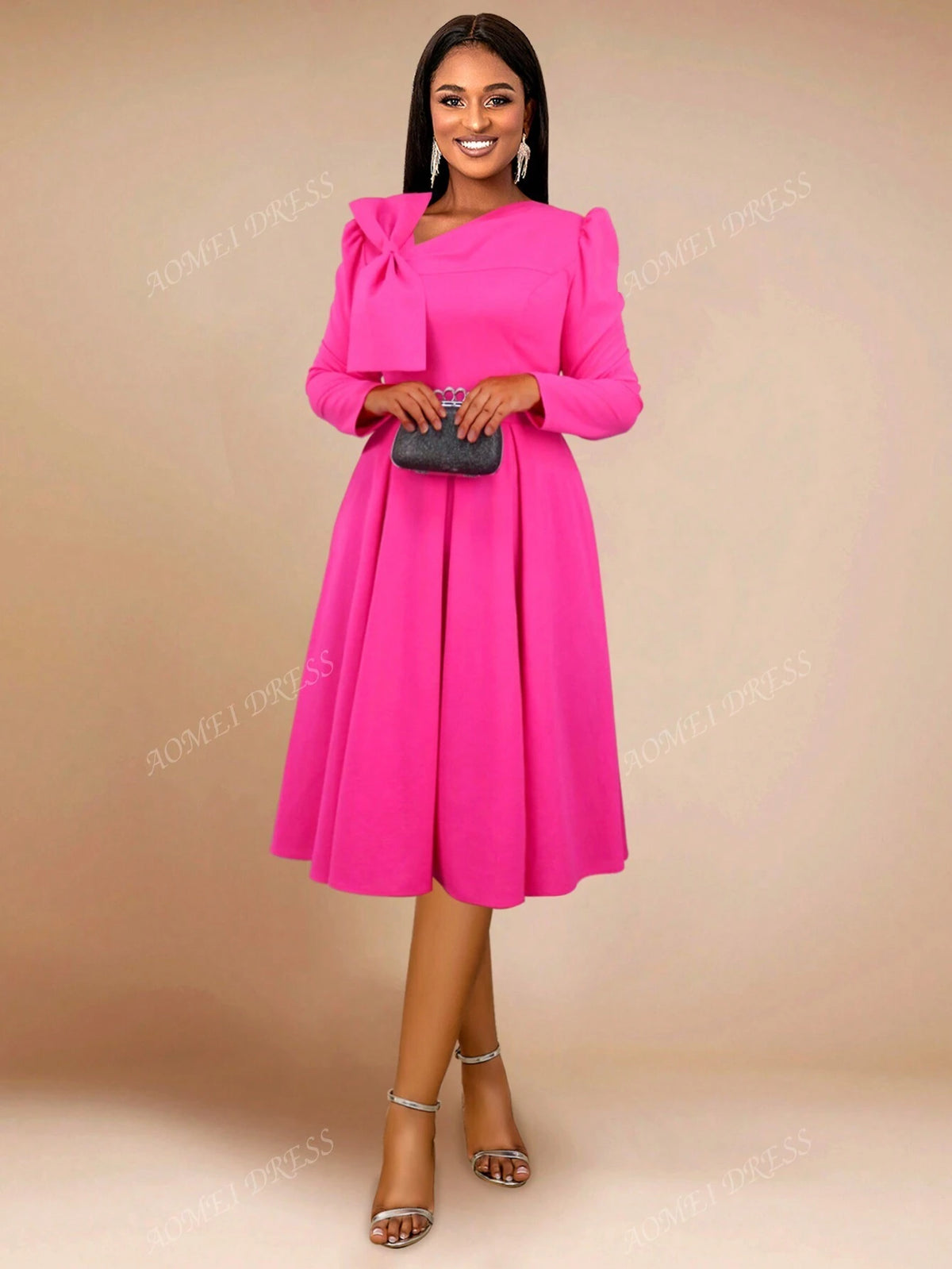 Autumn Asymmetric Collar Bowknot A-Line Elegant Dress