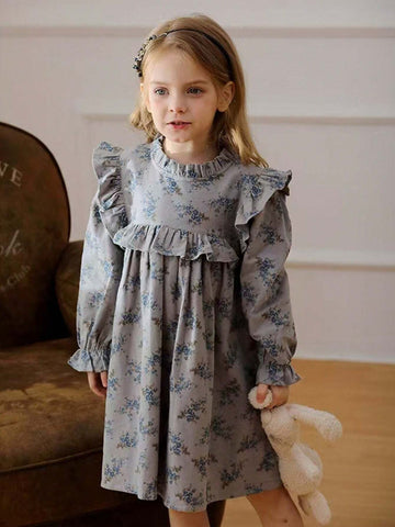 Autumn Baby Girls Cute Ditsy Floral Collar Ruffled Long Sleeve Young Girl Dress