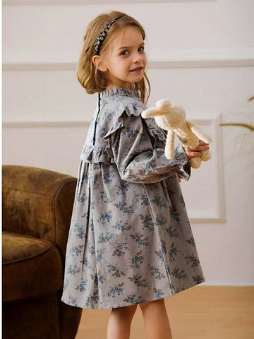 Autumn Baby Girls Cute Ditsy Floral Collar Ruffled Long Sleeve Young Girl Dress