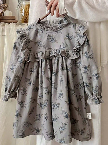 Autumn Baby Girls Cute Ditsy Floral Collar Ruffled Long Sleeve Young Girl Dress