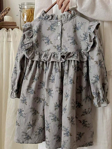 Autumn Baby Girls Cute Ditsy Floral Collar Ruffled Long Sleeve Young Girl Dress