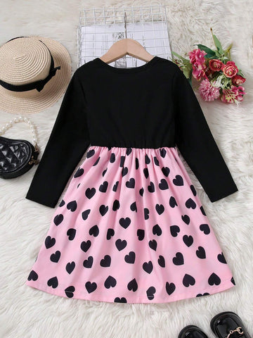 Autumn Black & Pink Patchwork Heart Decor Casual Long Sleeve Dress