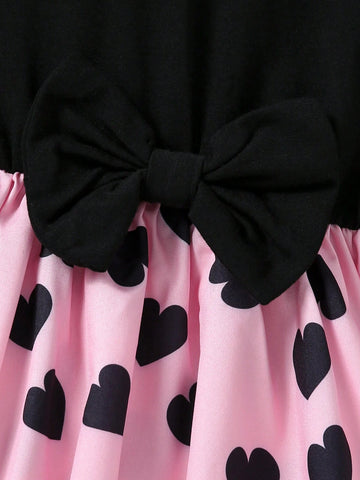 Autumn Black & Pink Patchwork Heart Decor Casual Long Sleeve Dress