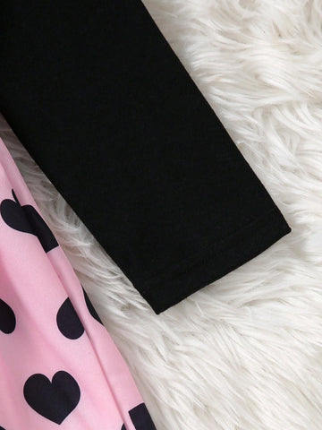 Autumn Black & Pink Patchwork Heart Decor Casual Long Sleeve Dress