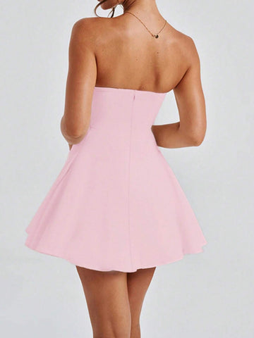 Autumn Bow Tie Strapless Solid Color Elegant Sleeveless Dress