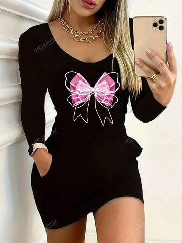 Autumn Casual Bow Print Slim Fit Mini Dress