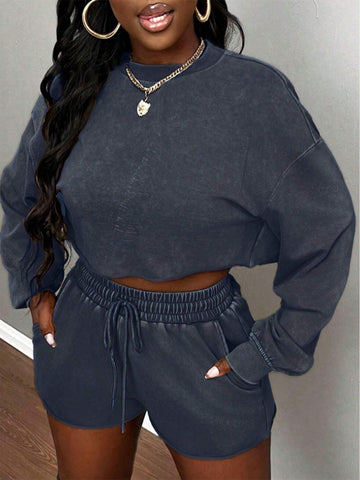 Autumn Casual Simple Basic Style Round Neck Long Sleeves Truncated Loose Dropped Shoulders Puff Sleeves Loose Hem Sweatshirt Mini Shorts Knitted Sweatshirt Suit Women Two-Piece Set