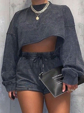 Autumn Casual Simple Basic Style Round Neck Long Sleeves Truncated Loose Dropped Shoulders Puff Sleeves Loose Hem Sweatshirt Mini Shorts Knitted Sweatshirt Suit Women Two-Piece Set
