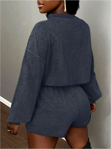 Autumn Casual Simple Basic Style Round Neck Long Sleeves Truncated Loose Dropped Shoulders Puff Sleeves Loose Hem Sweatshirt Mini Shorts Knitted Sweatshirt Suit Women Two-Piece Set