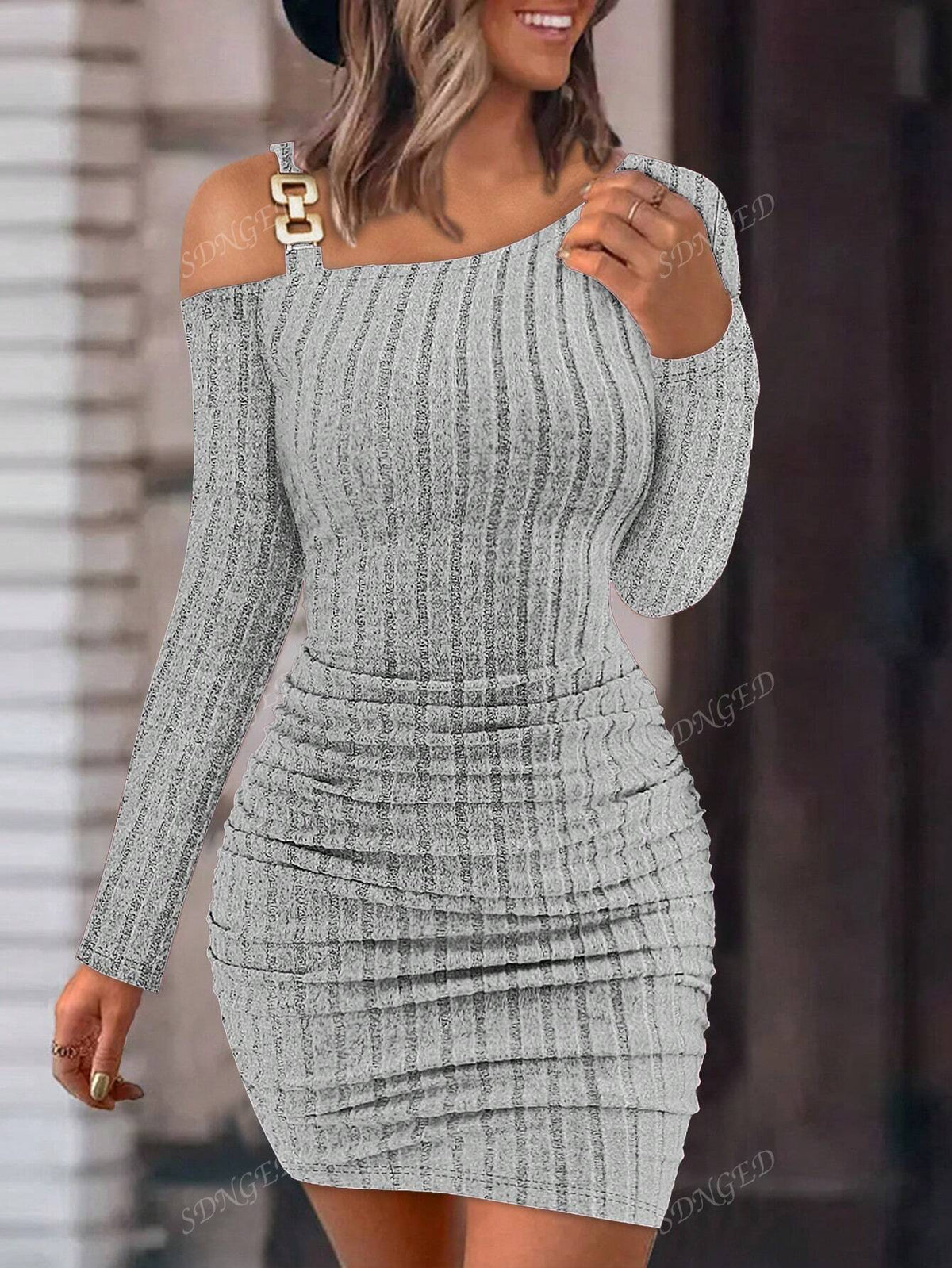 Autumn Casual Solid Color Rib Knit Asymmetrical Neck Shirred Bodycon Dress