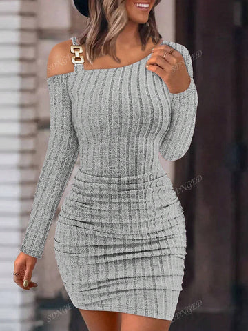 Autumn Casual Solid Color Rib Knit Asymmetrical Neck Shirred Bodycon Dress