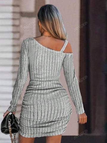 Autumn Casual Solid Color Rib Knit Asymmetrical Neck Shirred Bodycon Dress
