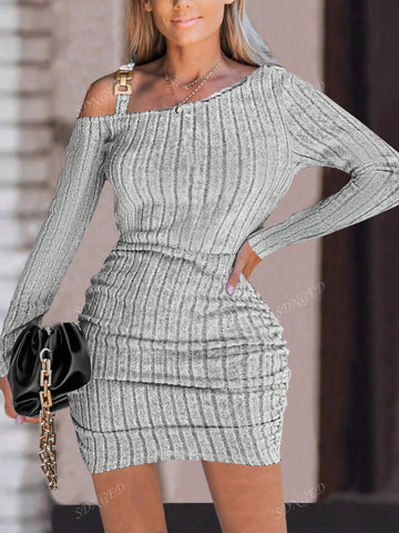 Autumn Casual Solid Color Rib Knit Asymmetrical Neck Shirred Bodycon Dress