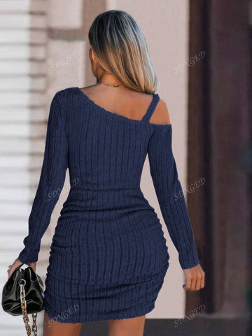 Autumn Casual Solid Color Ribbed Asymmetric Ruffles Fitted Dress
