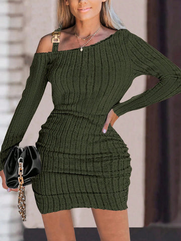 Autumn Casual Solid Color Ruched Asymmetrical Fitted Dress
