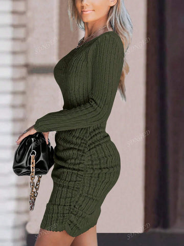 Autumn Casual Solid Color Ruched Asymmetrical Fitted Dress