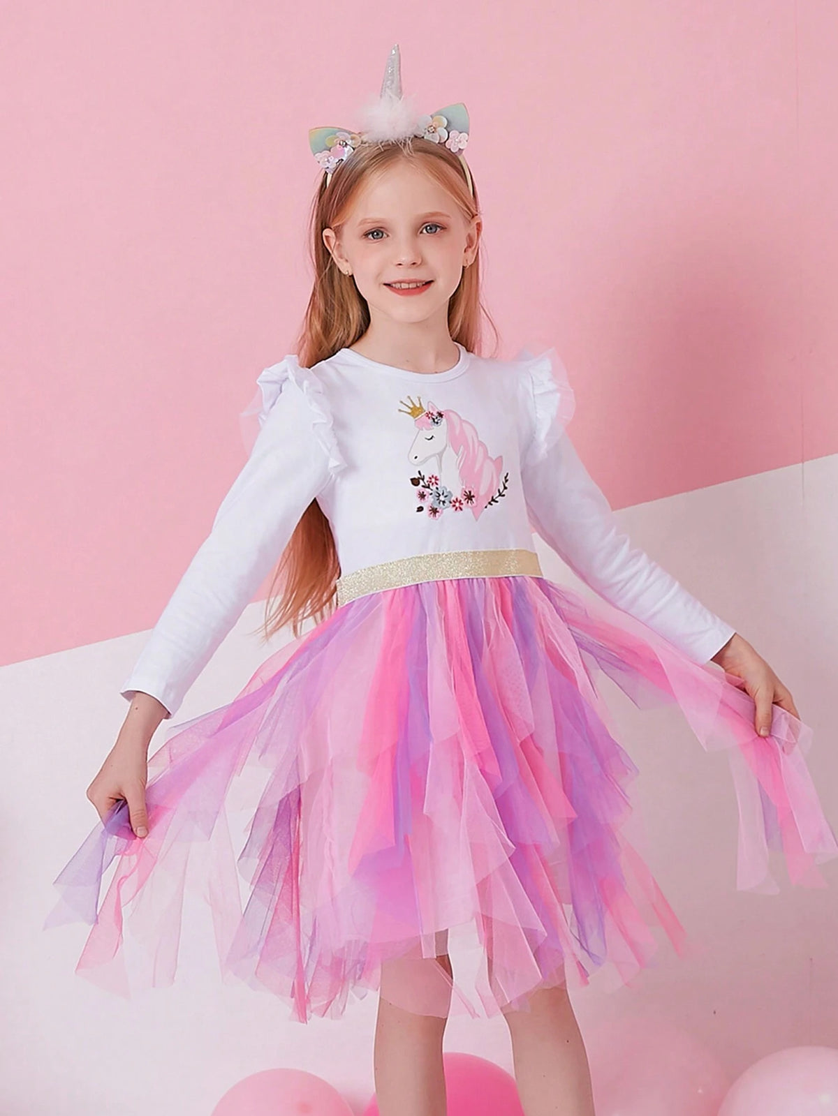 Autumn Children Princess Dresses For Girls Long Sleeve Cotton Toddler Clothing Irregular Tulle Cartoon Girls Tutu Dress Floral Applique Young Girl Party Costumes